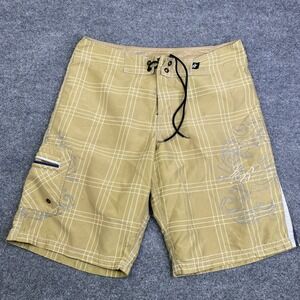 Immersion Research Mens Tan Plaid Board Shorts Size 36 Cargo Pocket Swim Y2K
